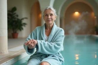 Femme en robe de bain bleue effectuant des exercices de rééducation dans une piscine thermale médicale en France après un AVC