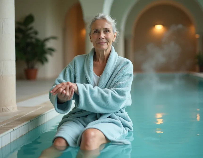 Femme en robe de bain bleue effectuant des exercices de rééducation dans une piscine thermale médicale en France après un AVC