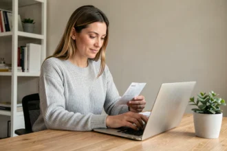 Femme utilisant un ordinateur portable pour soumettre un remboursement de santé en ligne sur la plateforme Korelio depuis son bureau à domicile