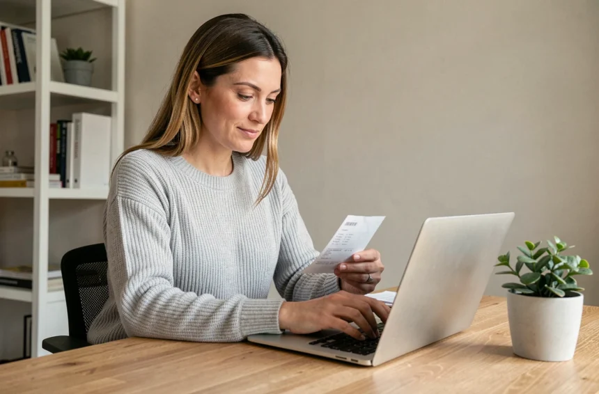 Femme utilisant un ordinateur portable pour soumettre un remboursement de santé en ligne sur la plateforme Korelio depuis son bureau à domicile