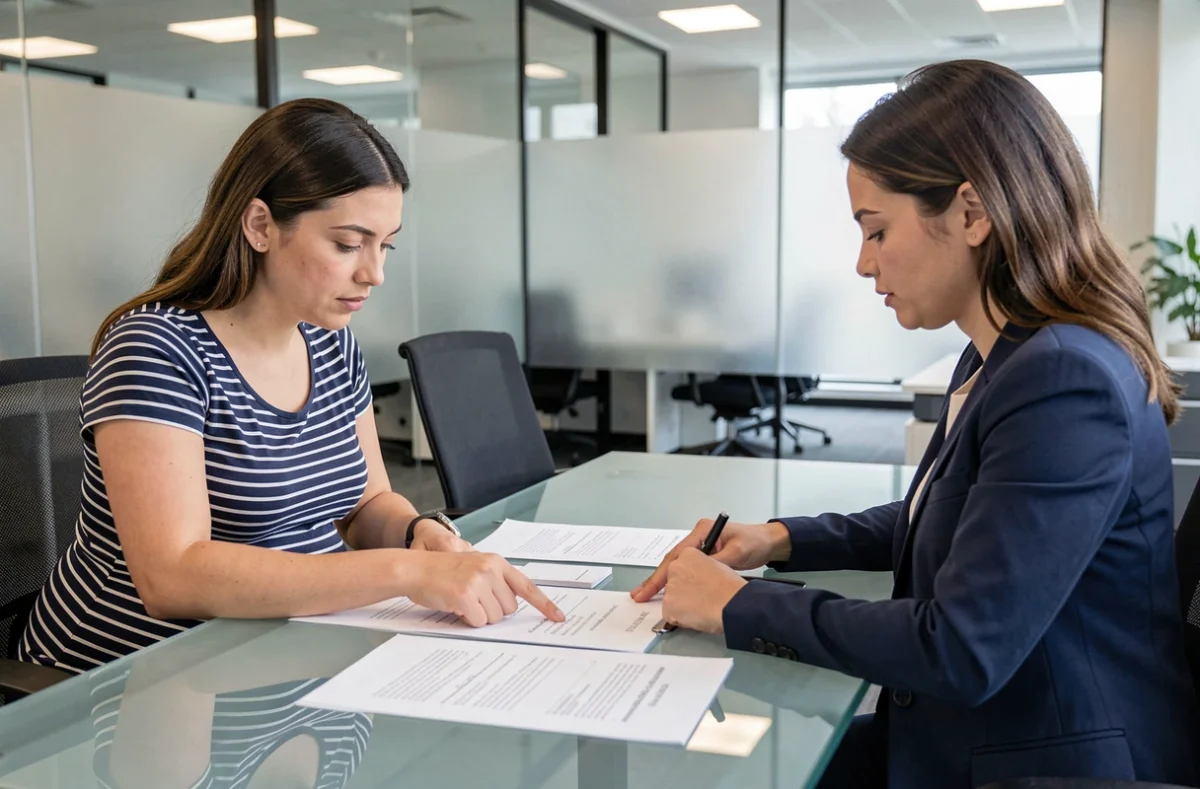 Femme enceinte discutant de son congé maternité avec une responsable RH dans un bureau professionnel