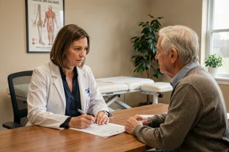 Rhumatologue femme consultant un patient âgé dans son cabinet médical à Nîmes
