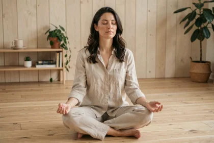 Femme pratiquant une séance de magnétisme en position méditative sur un plancher en bois dans un intérieur minimaliste