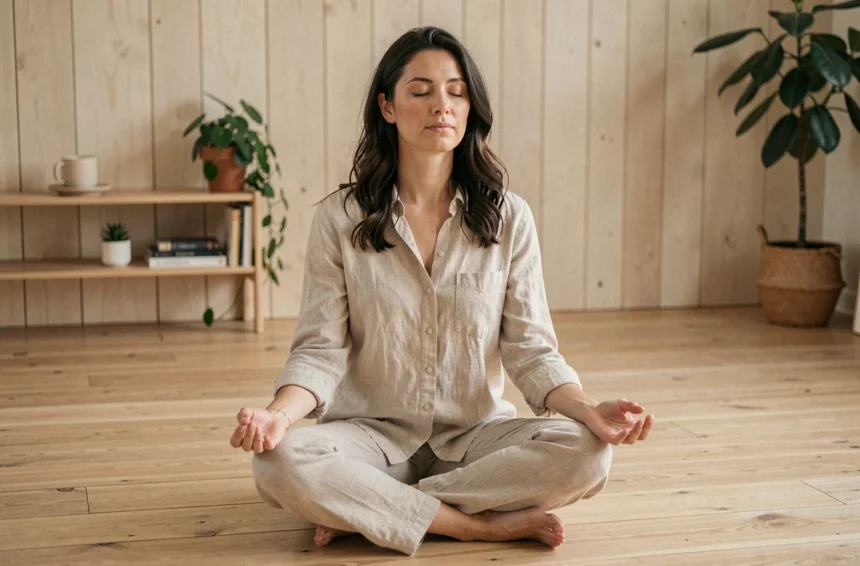 Femme pratiquant une séance de magnétisme en position méditative sur un plancher en bois dans un intérieur minimaliste