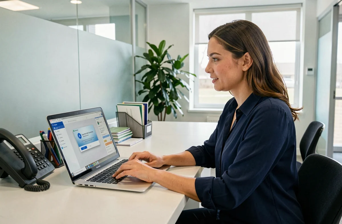 Secrétaire médicale se connectant de manière sécurisée au portail C.netsoins depuis un poste d'accueil de clinique