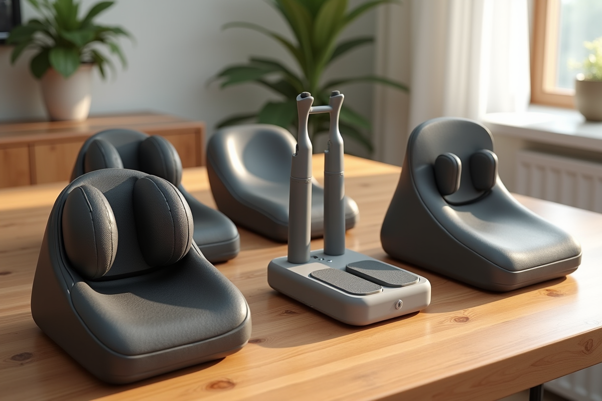 Différents masseurs dorsaux haut de gamme sur une table en bois