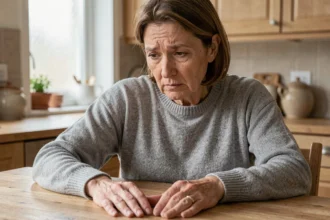 Femme d'âge mûr assise à une table de cuisine regardant ses mains avec une expression préoccupée, illustrant la sensation de tremblement corporel