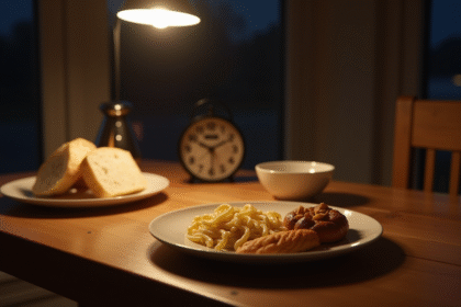 Table de dîner en bois la nuit avec pain et pâtes à éviter avant sommeil