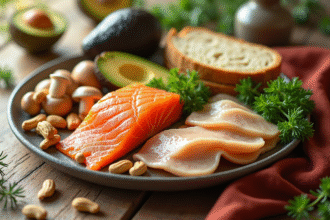 Table en bois avec aliments riches en vitamine B3