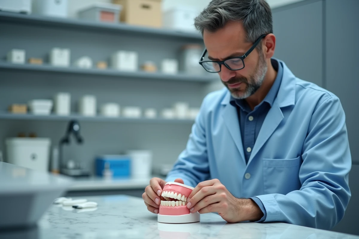 Technicien dentaire en laboratoire examinant une prothese dentaire
