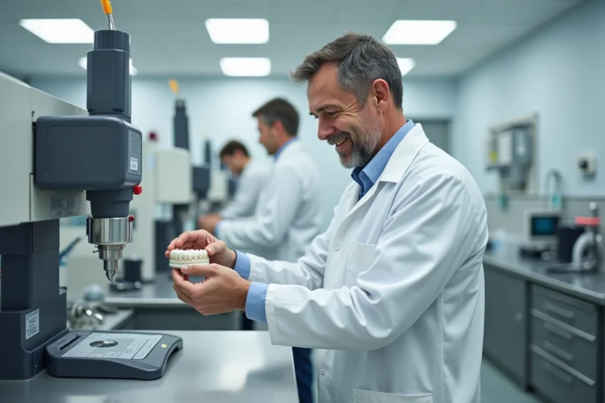 Technicien dentaire ajustant une machine en laboratoire