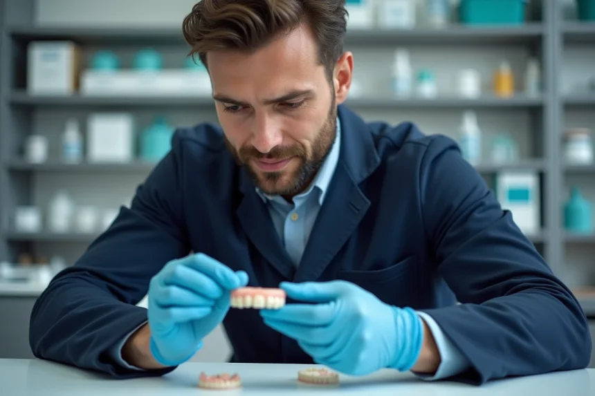 Technicien dentaire observant un modele en resine dans un laboratoire