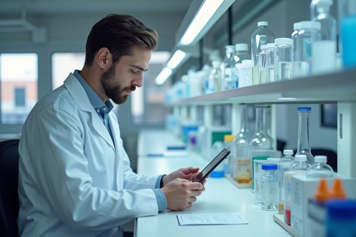 Jeune technicien en laboratoire examinant une tablette