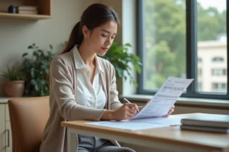 Femme therapie en salle moderne contemplant un rapport salarial