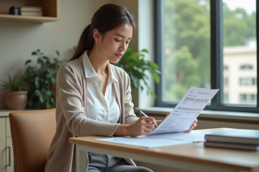 Femme therapie en salle moderne contemplant un rapport salarial