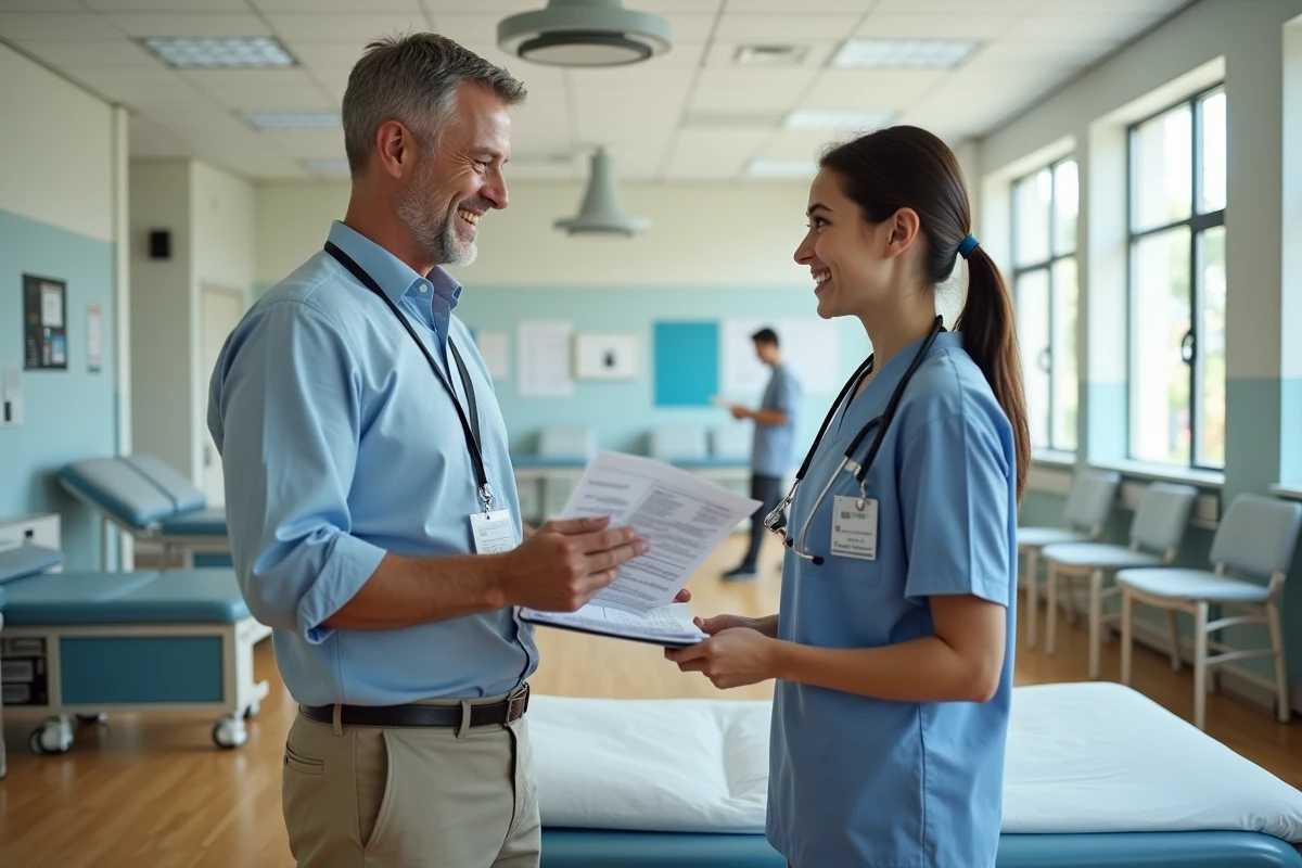 Therapeute homme discutant documents avec collegue dans gym