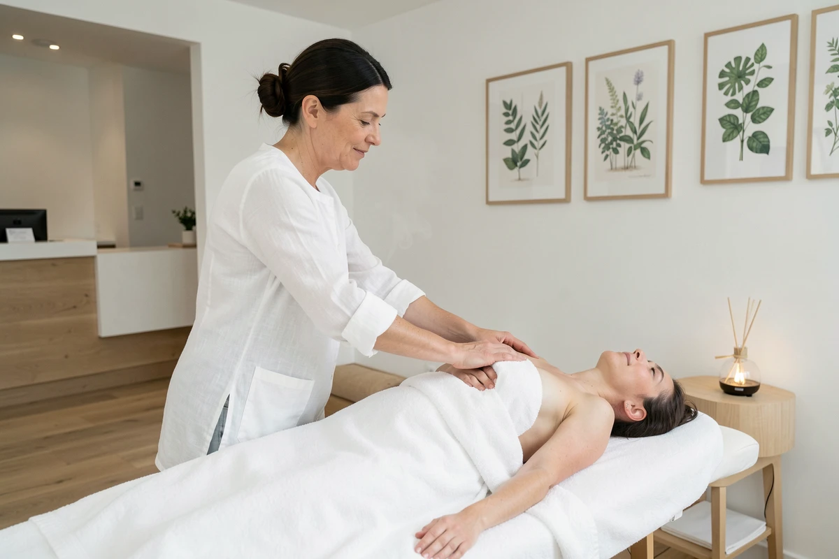 Thérapeute certifiée en massage prénatal travaillant sur les épaules d'une future maman dans un centre de bien-être moderne à Toulouse