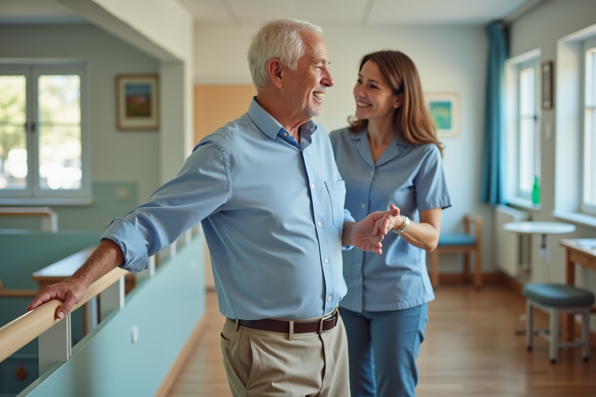 Homme âgé en rééducation avec thérapeute en centre