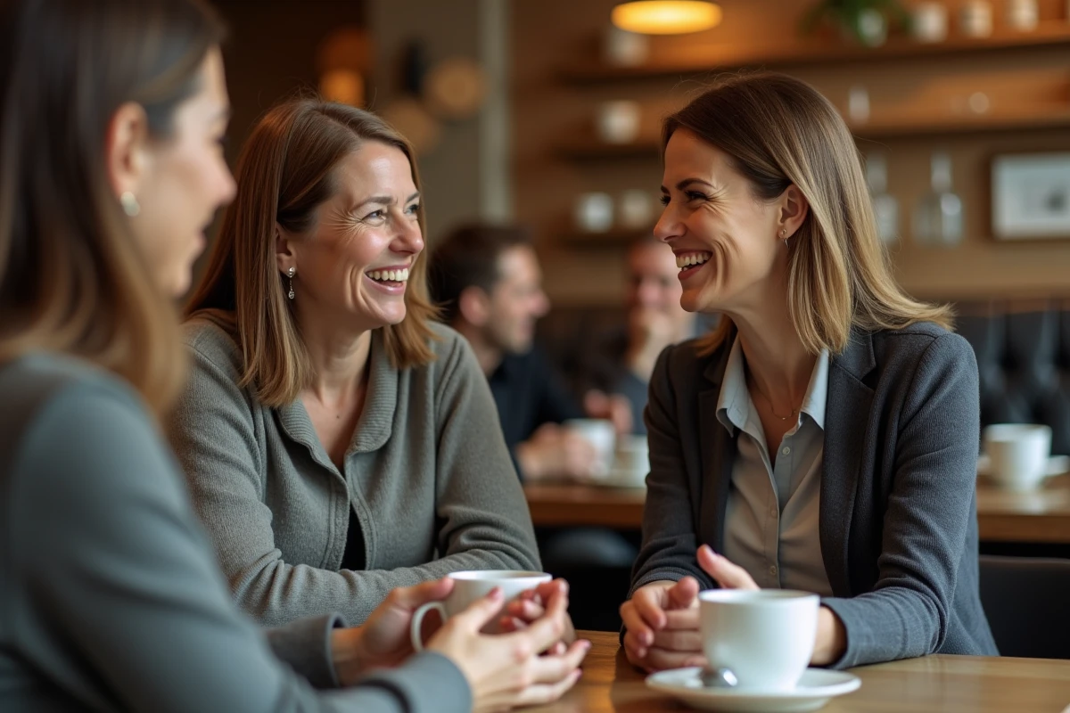 Deux femmes dans un café, l'une avec une expression condescendante expliquant que tout le monde a des hauts et des bas, l'autre dissimulant sa frustration