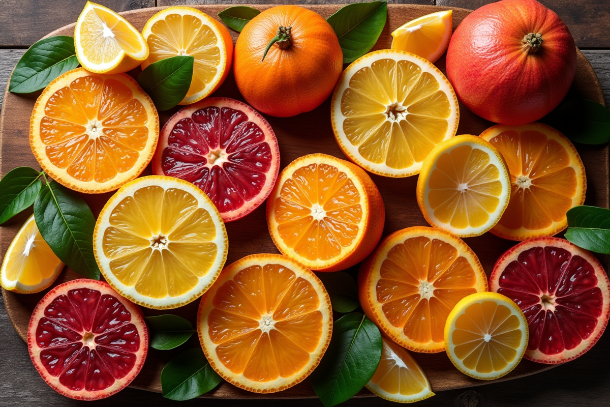 Tranches de citrus colorées sur une surface en bois rustique