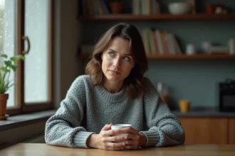 Femme seule à une table de cuisine tenant une tasse, regard pensif, évoquant la complexité émotionnelle liée au trouble bipolaire