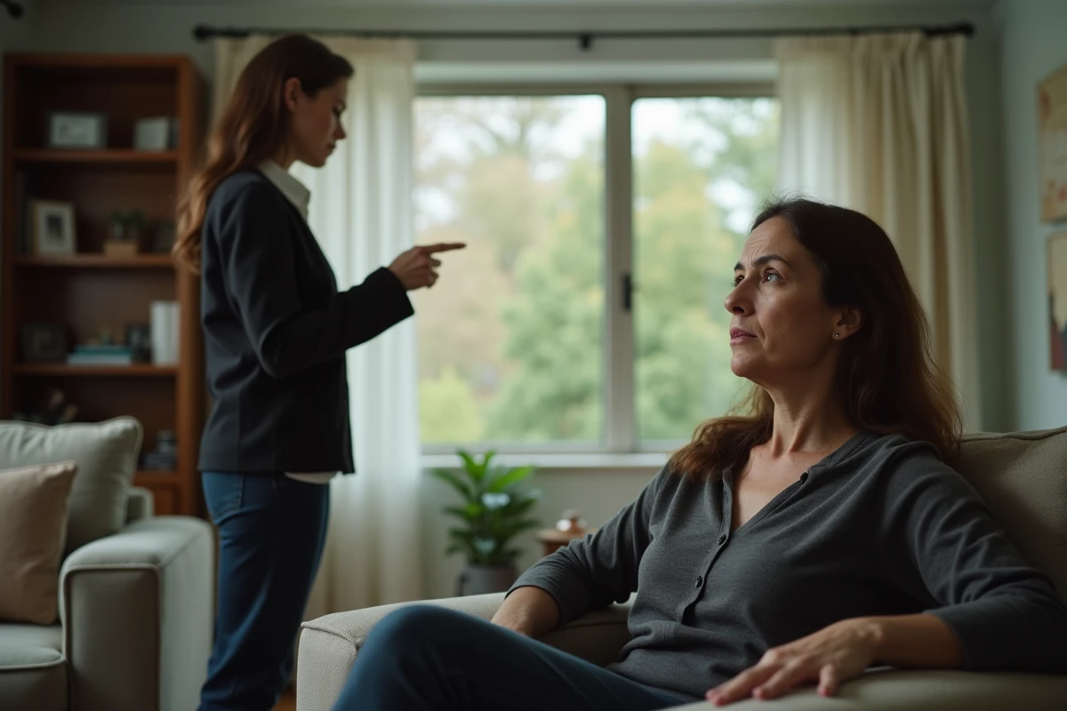 Femme épuisée dans un fauteuil face à une personne au geste autoritaire, illustrant les injonctions 'tu dois te reprendre, il faut que'