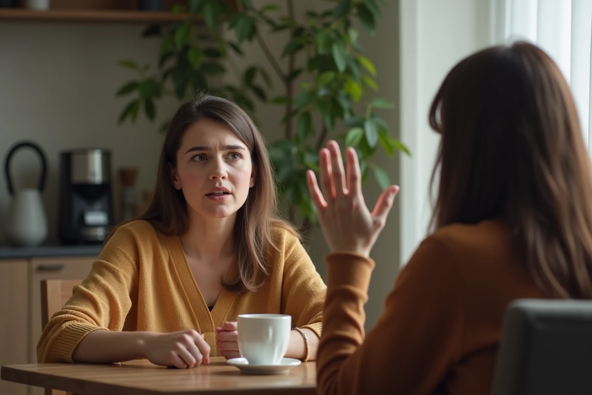 Femme dont la réaction émotionnelle est immédiatement étiquetée par son interlocuteur, illustrant 'tu es bipolaire, c'est pour ça que tu réagis comme ça'