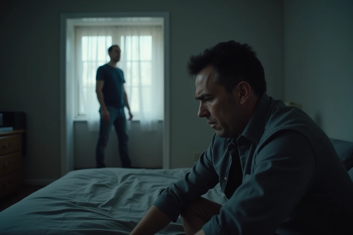 Homme en détresse au sol d'une chambre et partenaire à la porte avec une expression craintive, illustrant 'tu me fais peur quand tu es comme ça'