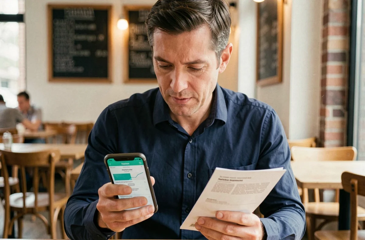 Homme consultant l'application Korelio sur smartphone pour gérer ses remboursements d'assurance santé dans un café