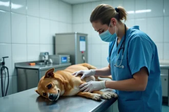 Vétérinaire examinant un chien après une opération de la rate sur une table d'examen en acier inoxydable