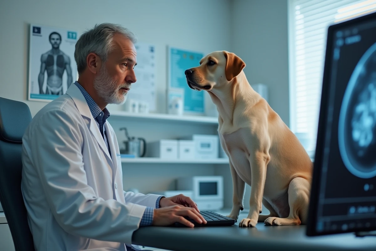 Vétérinaire oncologue analysant une échographie abdominale d'un chien pour détecter une récidive tumorale